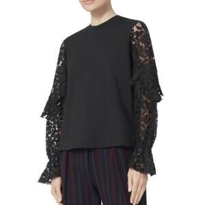 See by Chloe Cropped T Shirt Long Lace Ruffle Sleeve Black Cotton S